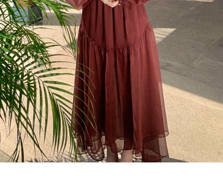 Sheer V-Neck Top and Maxi A-Line Skirt Set