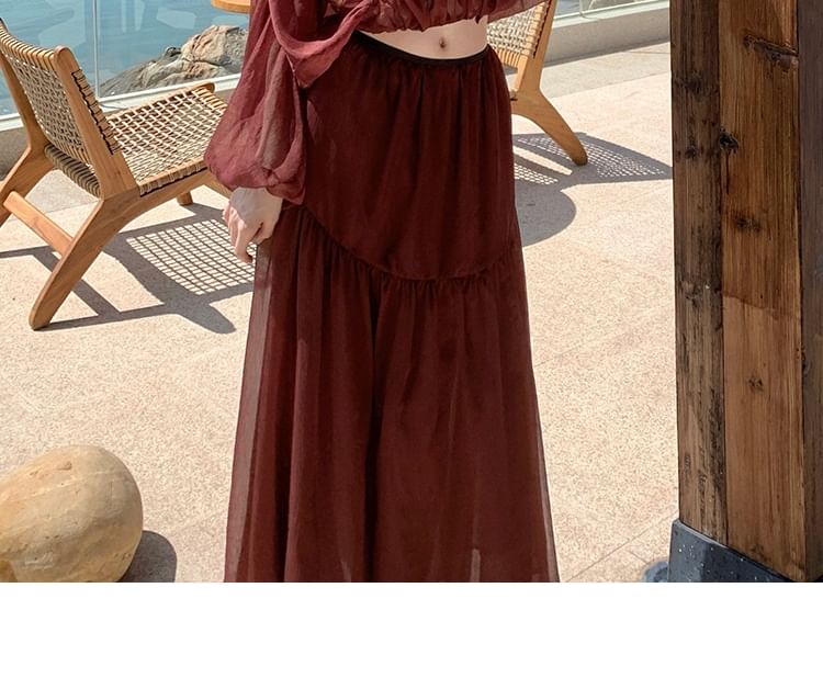 Sheer V-Neck Top and Maxi A-Line Skirt Set