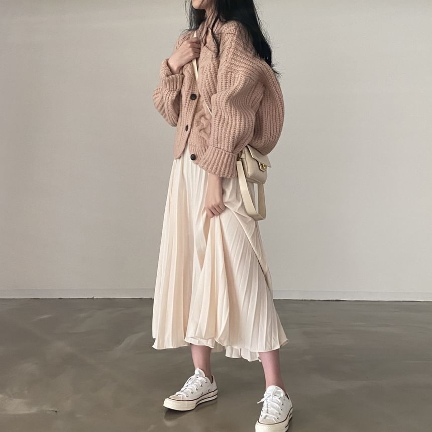 V-Neck Plain Cable Knit Cardigan