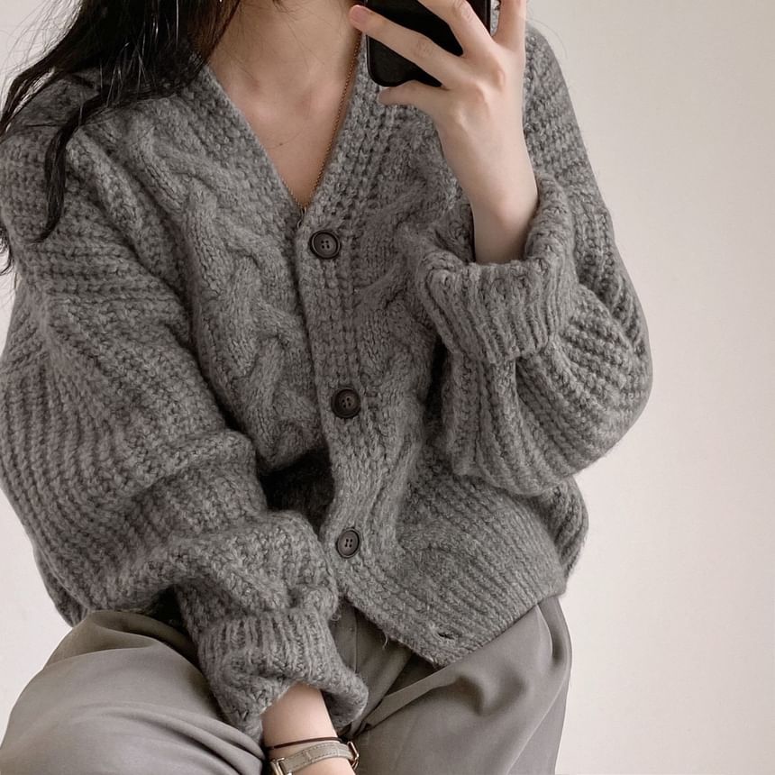V-Neck Plain Cable Knit Cardigan