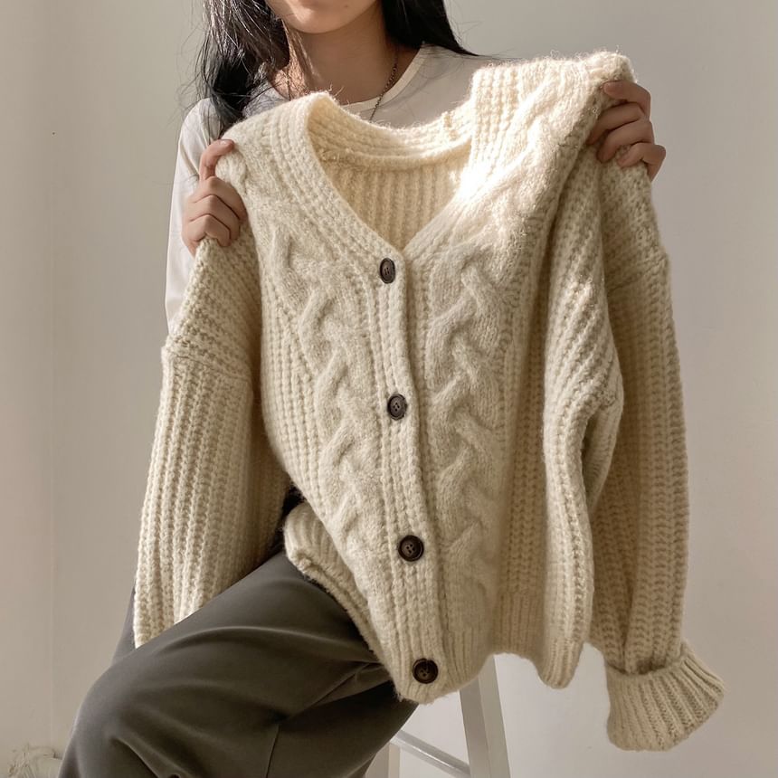 V-Neck Plain Cable Knit Cardigan