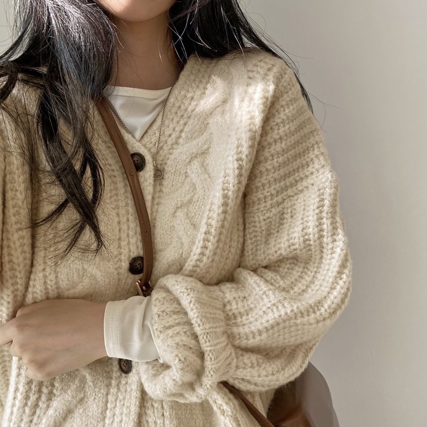 V-Neck Plain Cable Knit Cardigan