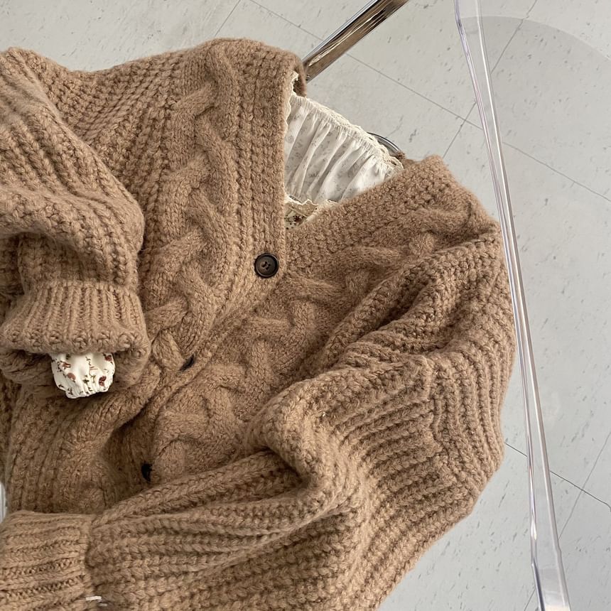 V-Neck Plain Cable Knit Cardigan