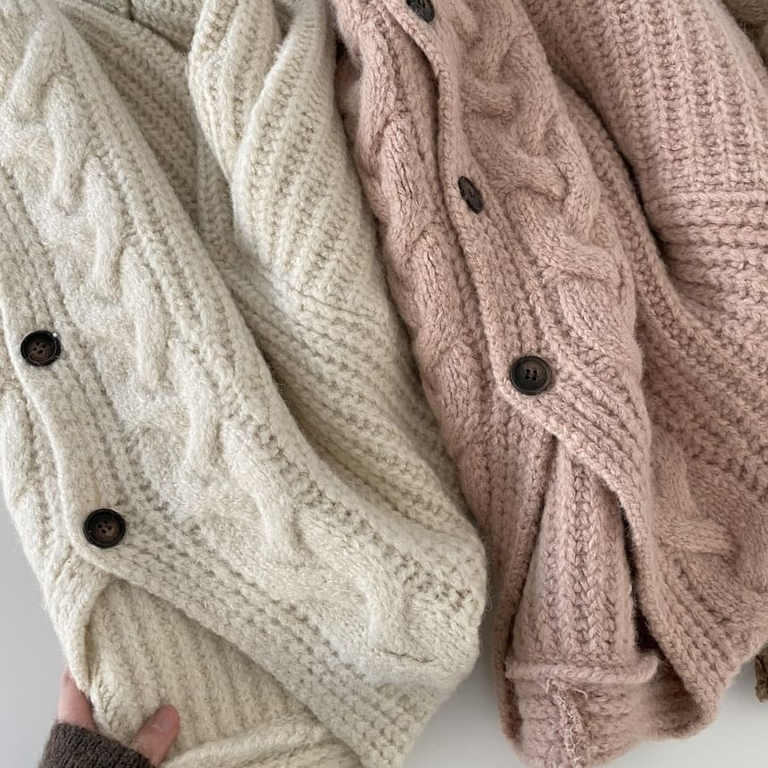 V-Neck Plain Cable Knit Cardigan