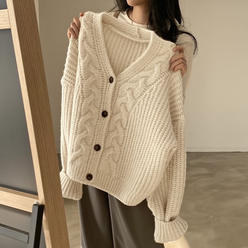 V-Neck Plain Cable Knit Cardigan