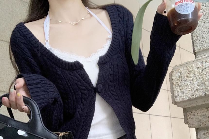 Notch Neck One-Buttoned Plain Cable Knit Crop Cardigan