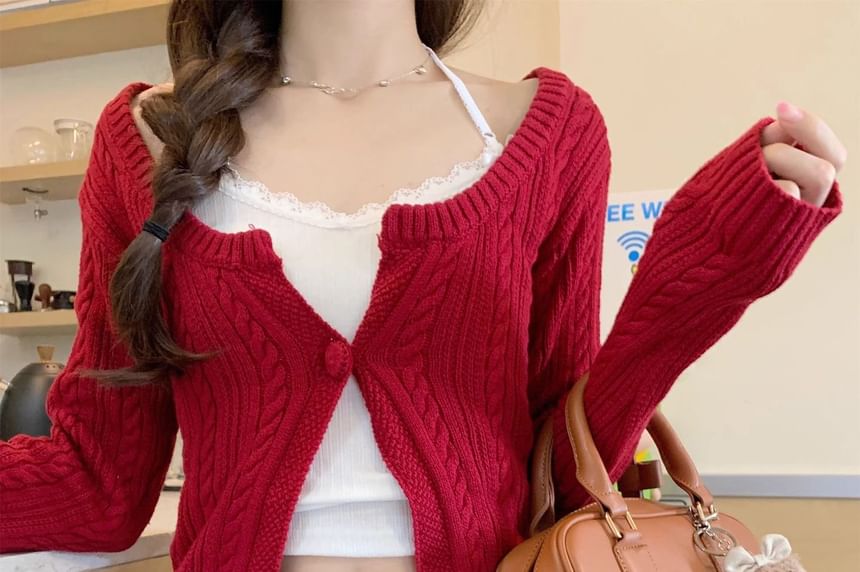 Notch Neck One-Buttoned Plain Cable Knit Crop Cardigan