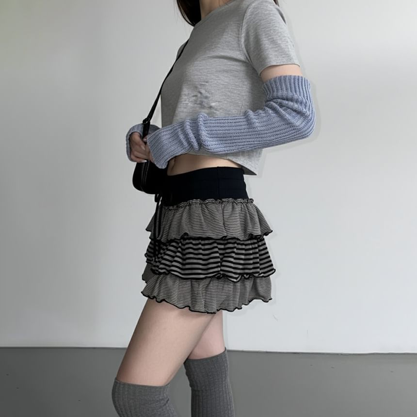 Striped Drawstring Mini Tiered Skirt