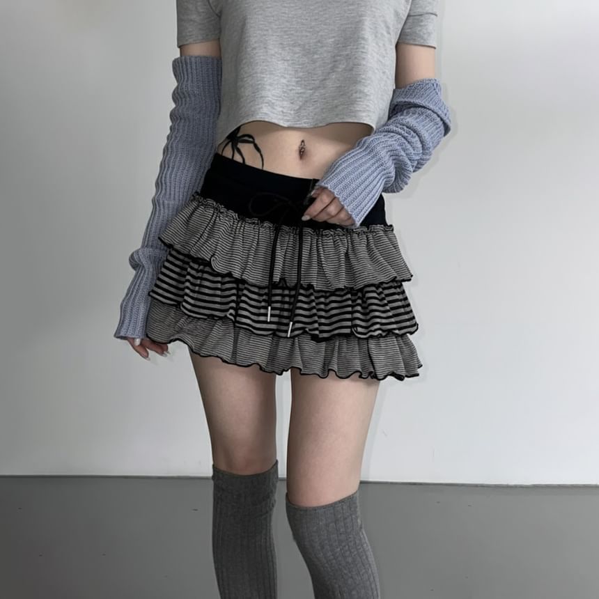 Striped Drawstring Mini Tiered Skirt