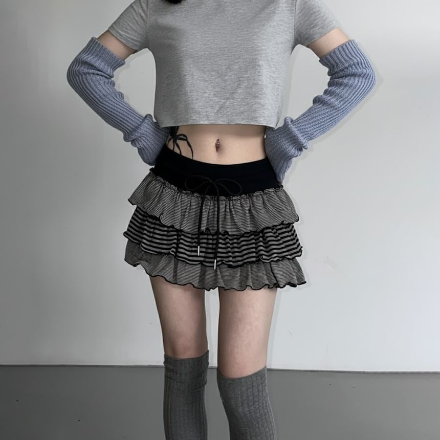 Striped Drawstring Mini Tiered Skirt