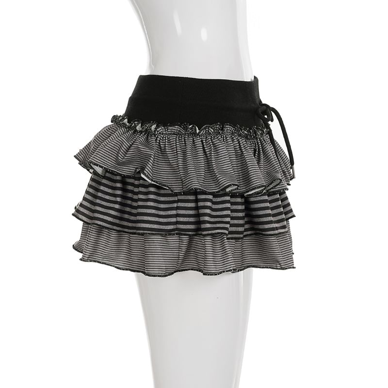 Striped Drawstring Mini Tiered Skirt