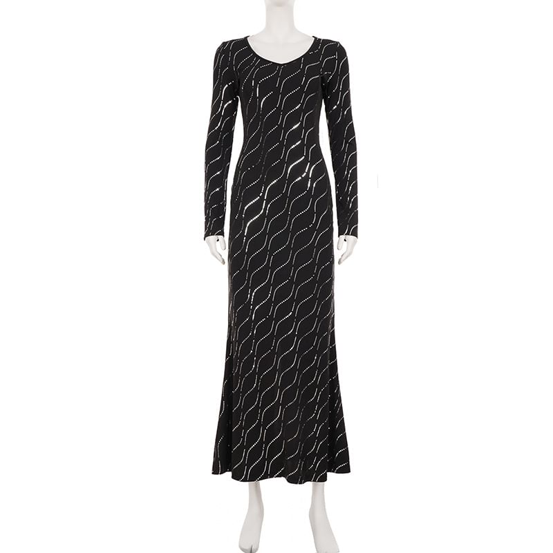 Long-Sleeve U-Neck Sequin Maxi Sheath Dress