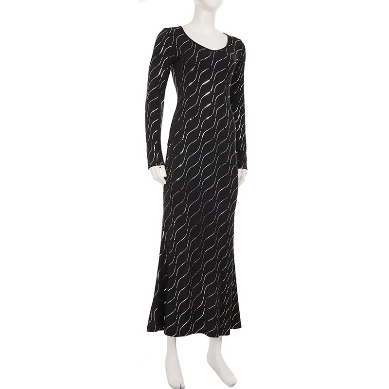 Long-Sleeve U-Neck Sequin Maxi Sheath Dress