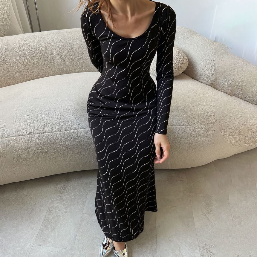 Long-Sleeve U-Neck Sequin Maxi Sheath Dress