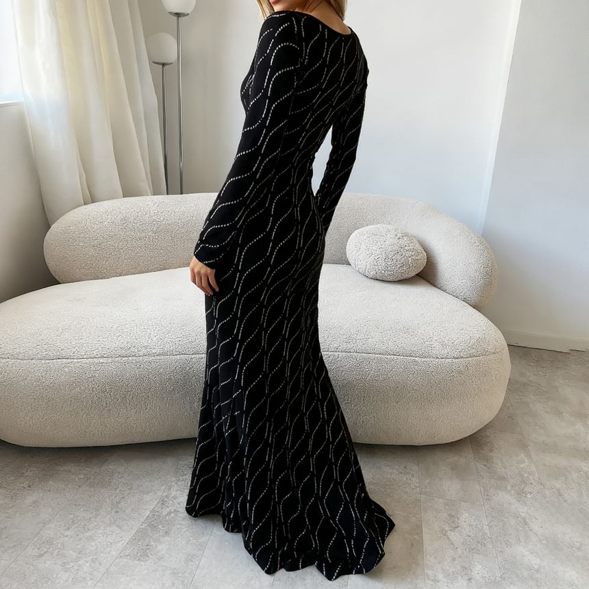 Long-Sleeve U-Neck Sequin Maxi Sheath Dress