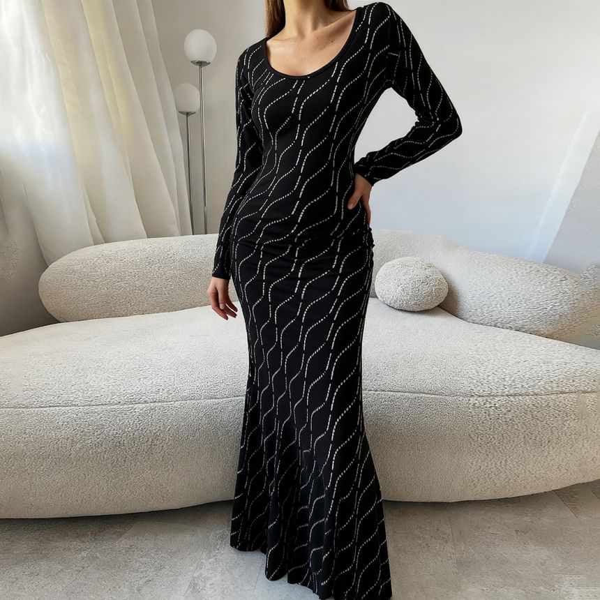 Long-Sleeve U-Neck Sequin Maxi Sheath Dress
