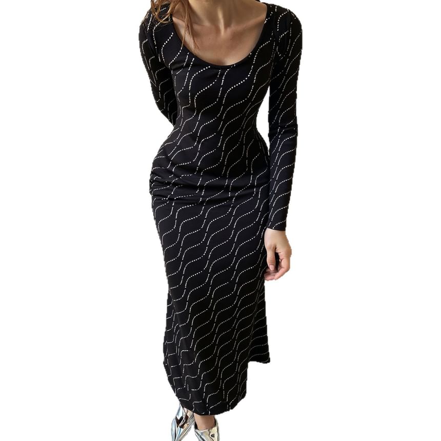 Long-Sleeve U-Neck Sequin Maxi Sheath Dress