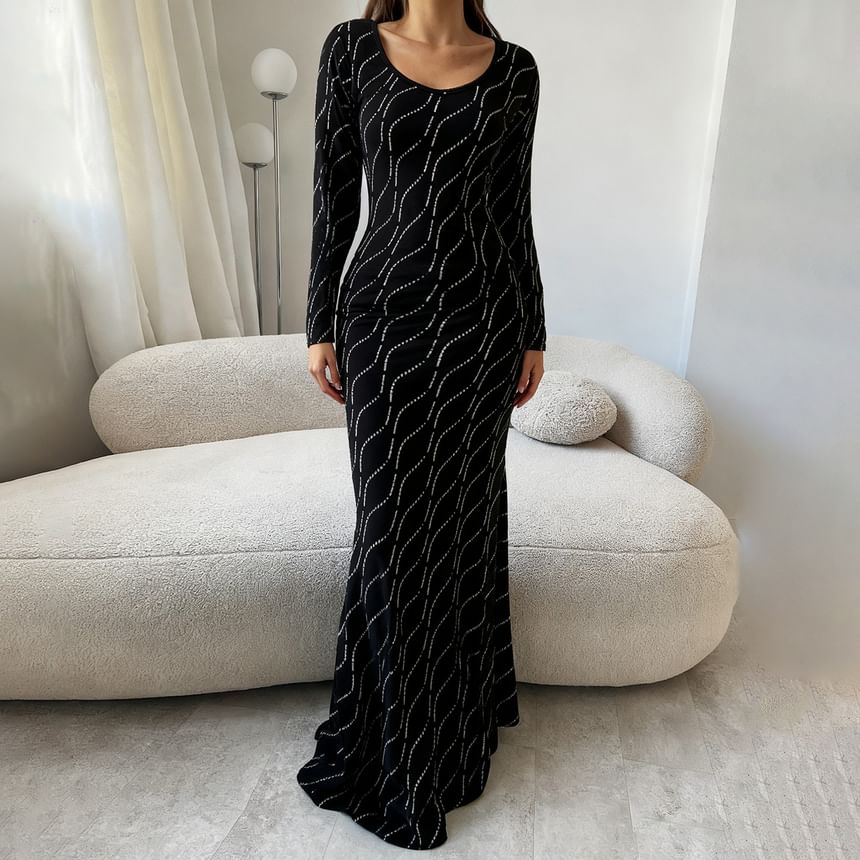 Long-Sleeve U-Neck Sequin Maxi Sheath Dress