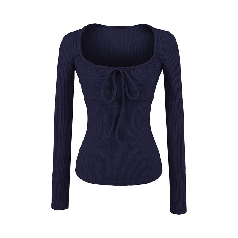 Drawstring Ribbed Scoop Neck Long-Sleeve Top