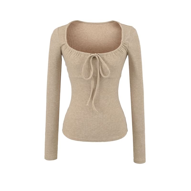 Drawstring Ribbed Scoop Neck Long-Sleeve Top