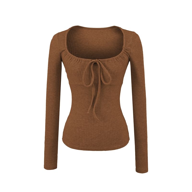 Drawstring Ribbed Scoop Neck Long-Sleeve Top