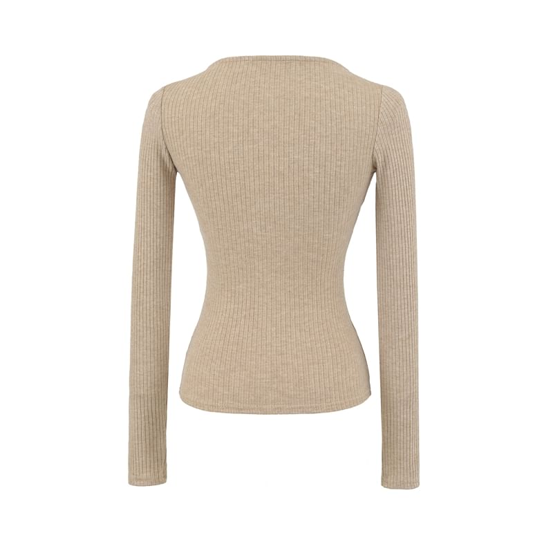 Drawstring Ribbed Scoop Neck Long-Sleeve Top