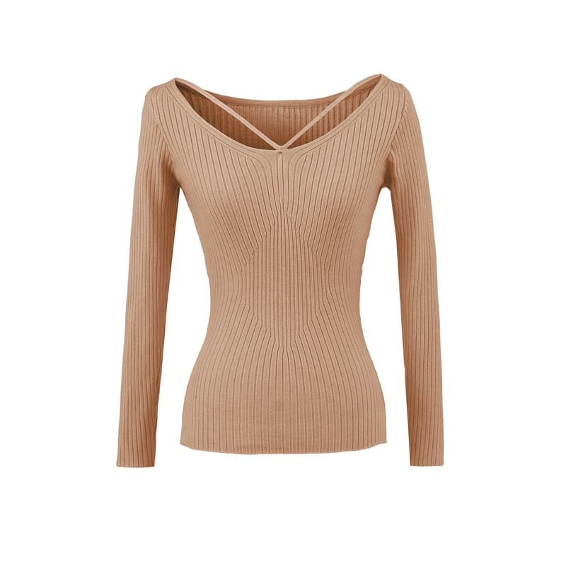 Ribbed Knit V-Neck Long-Sleeve Top