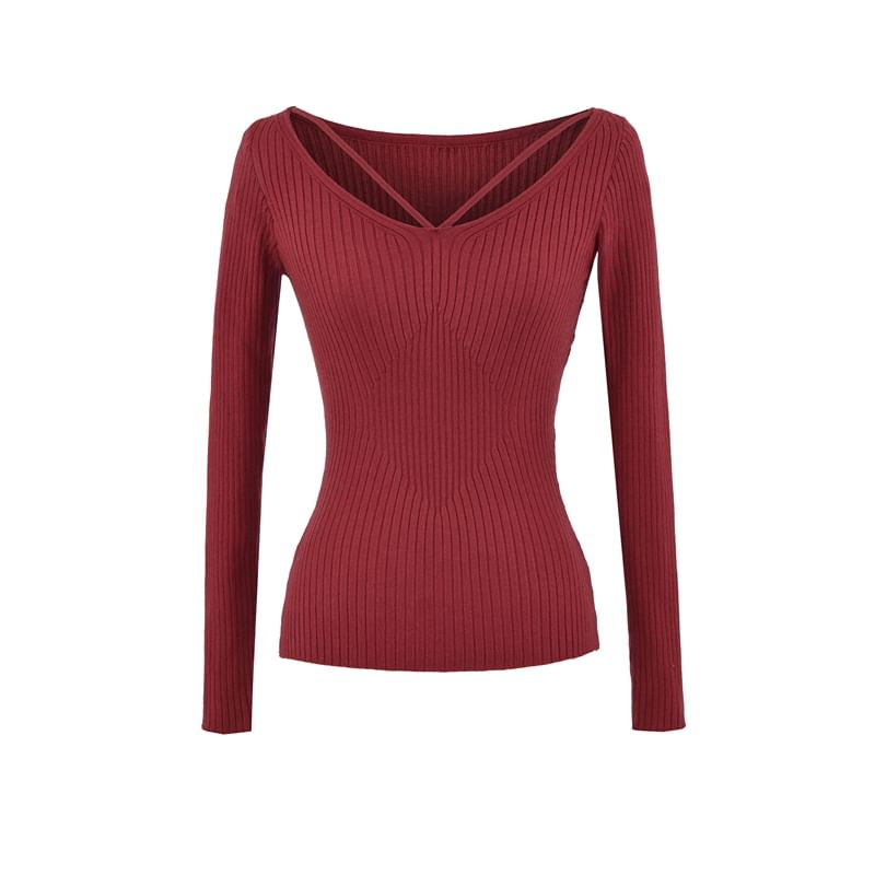 Ribbed Knit V-Neck Long-Sleeve Top