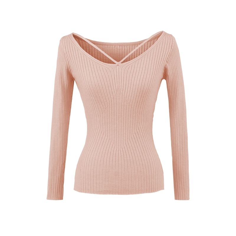 Ribbed Knit V-Neck Long-Sleeve Top