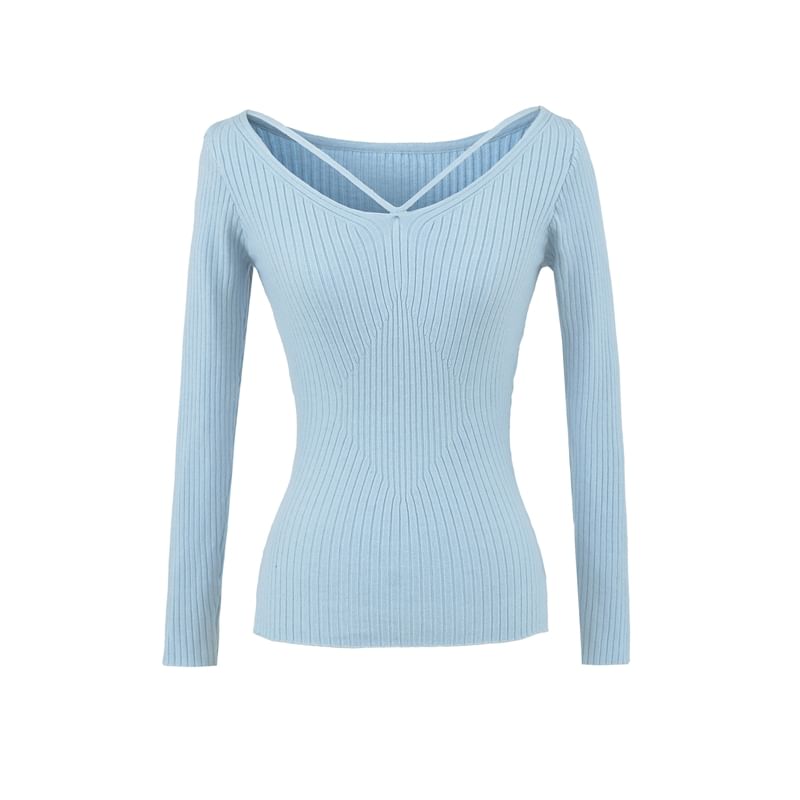 Ribbed Knit V-Neck Long-Sleeve Top