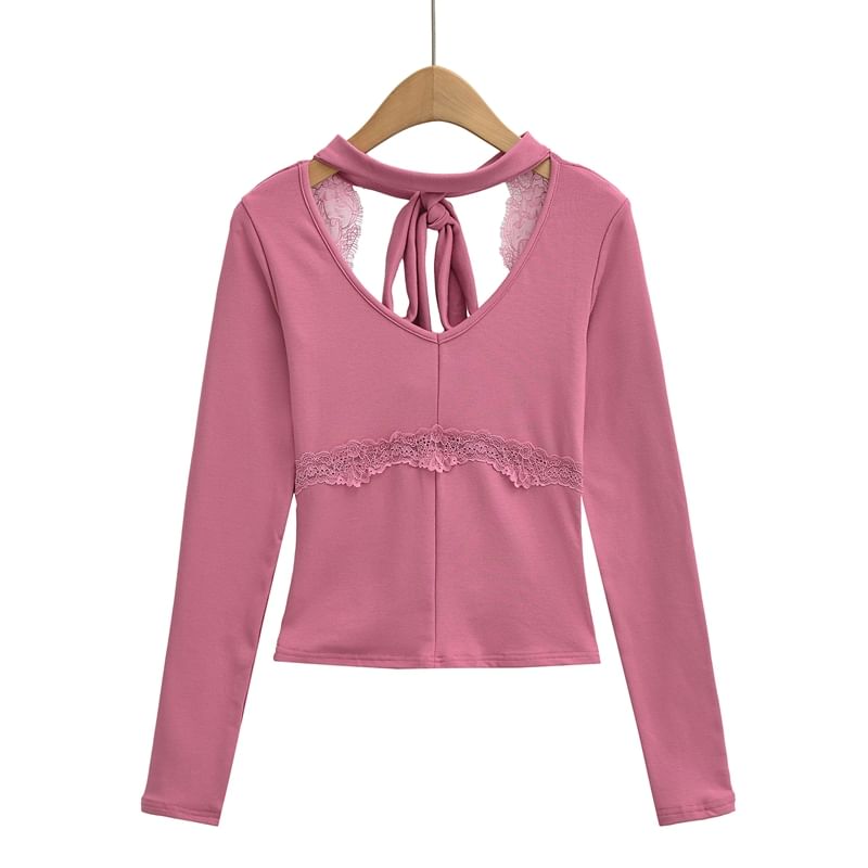 Cutout Tie-Back Lace Panel V-Neck Top