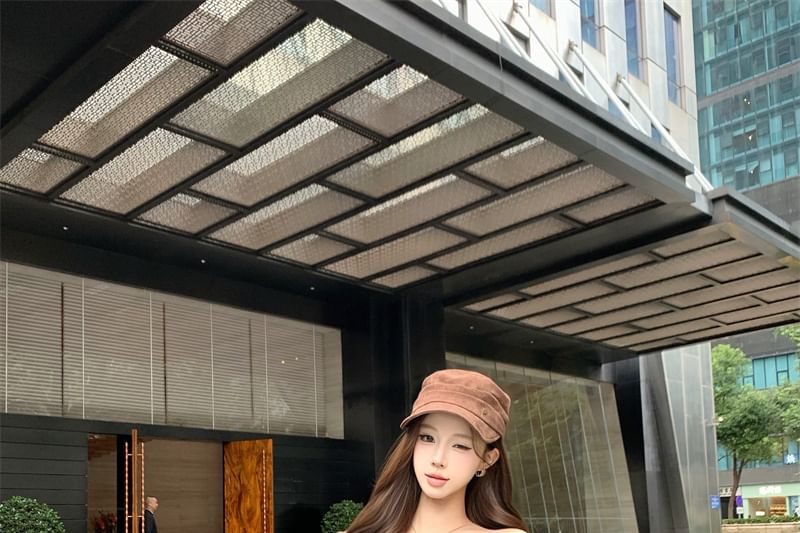 Off-Shoulder Plaid T-Shirt and Mid-Rise Mini Pencil Skirt Set