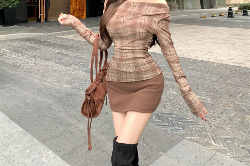 Off-Shoulder Plaid T-Shirt and Mid-Rise Mini Pencil Skirt Set