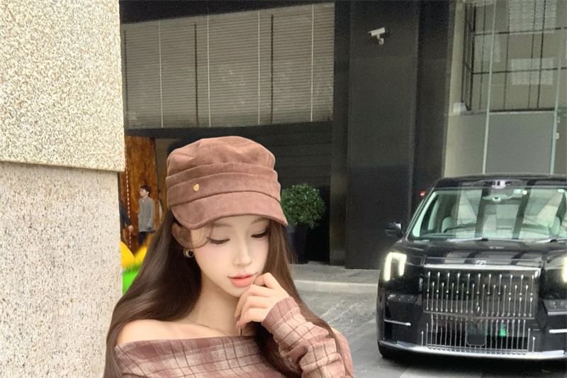 Off-Shoulder Plaid T-Shirt and Mid-Rise Mini Pencil Skirt Set