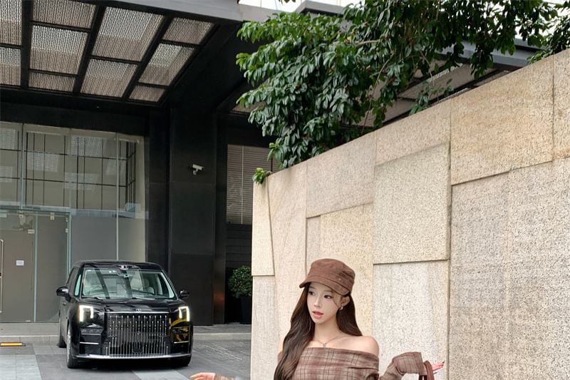Off-Shoulder Plaid T-Shirt and Mid-Rise Mini Pencil Skirt Set