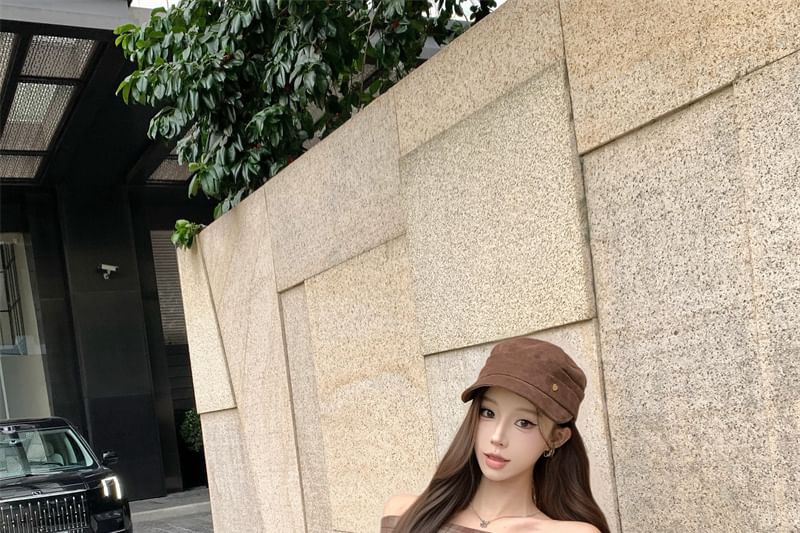 Off-Shoulder Plaid T-Shirt and Mid-Rise Mini Pencil Skirt Set