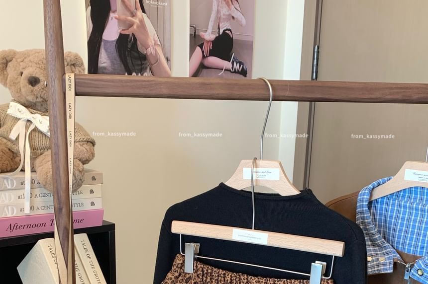 Crew Neck Knit Top with High-Waist Leopard Print Mini Tiered Skirt