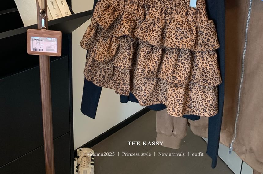 Crew Neck Knit Top with High-Waist Leopard Print Mini Tiered Skirt