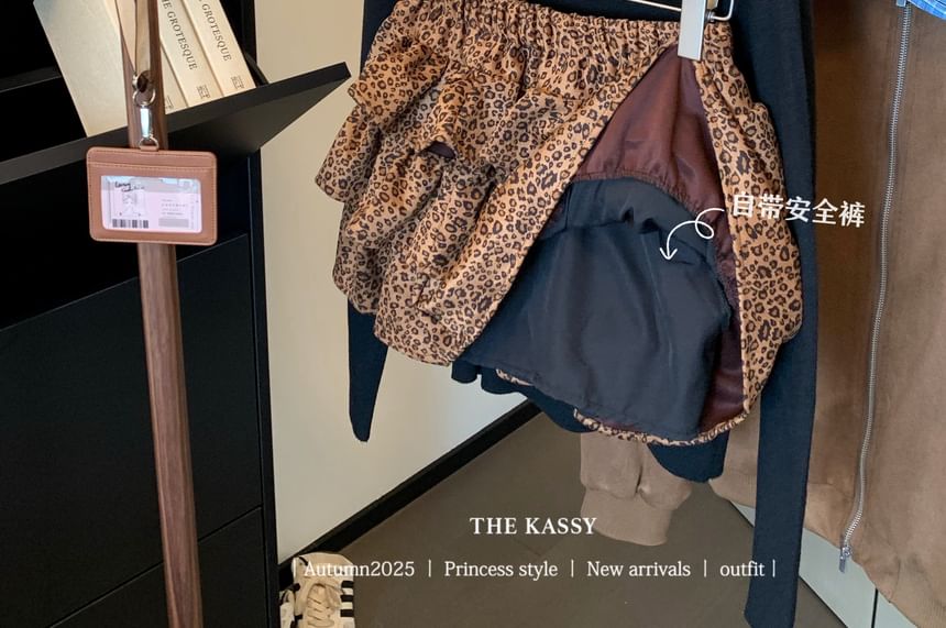 Crew Neck Knit Top with High-Waist Leopard Print Mini Tiered Skirt