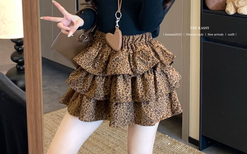 Crew Neck Knit Top with High-Waist Leopard Print Mini Tiered Skirt