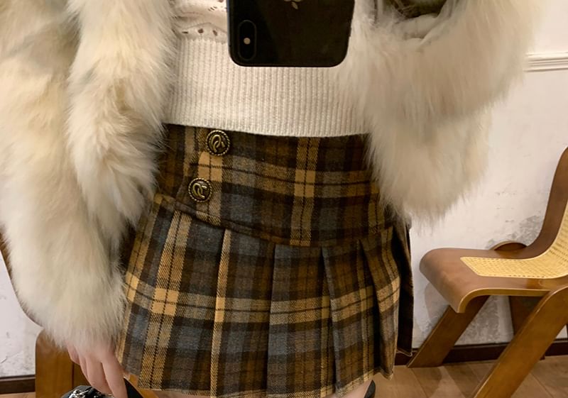 Plaid Pleated Mini A-Line Skirt Mid Waist