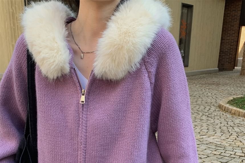 Faux Fur Hooded Zip-Up Crop Cardigan