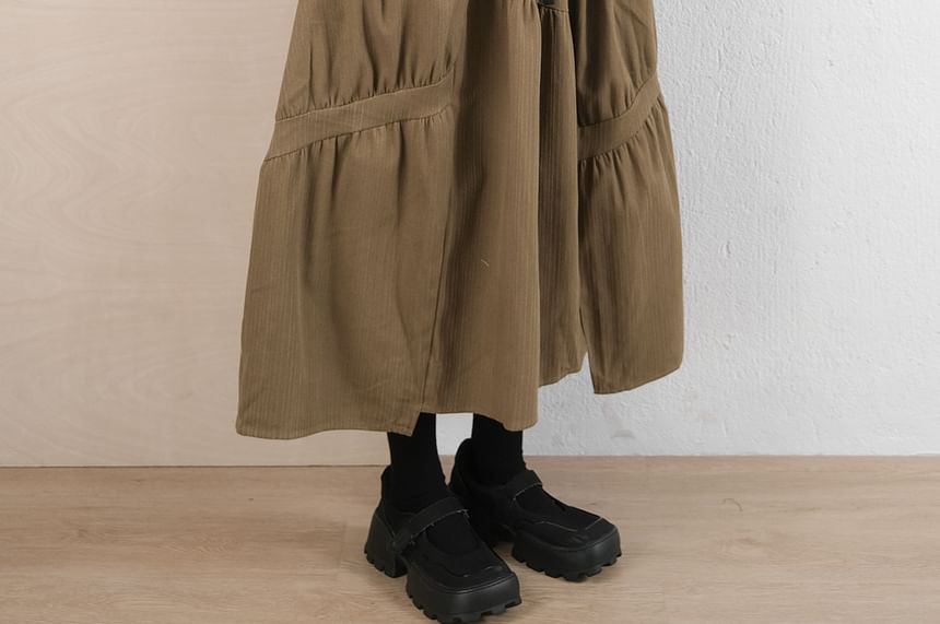 Pinstriped Ruched Maxi A-Line Skirt
