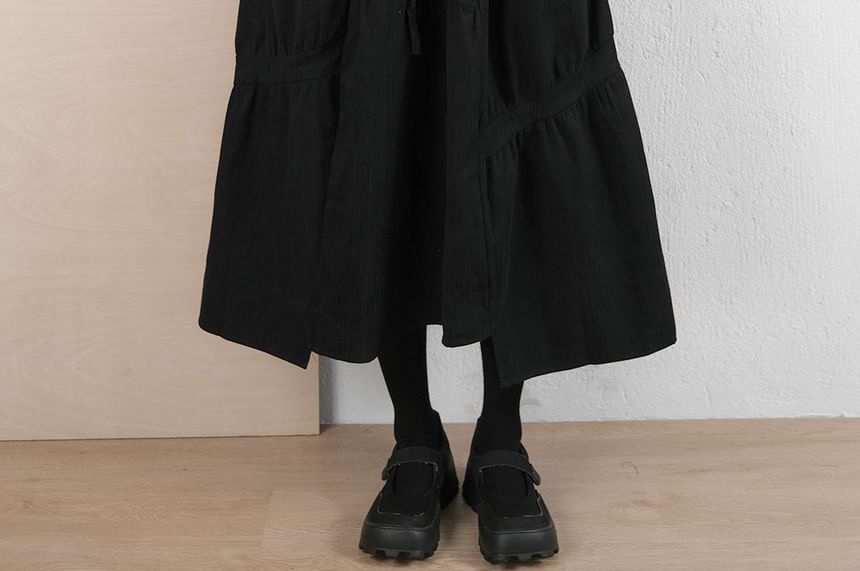 Pinstriped Ruched Maxi A-Line Skirt