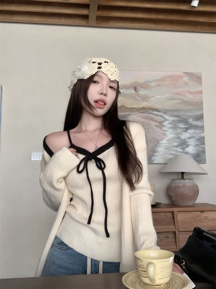 Scoop Neck Contrast Trim Ribbed Knit Camisole Top / Button Up Cardigan