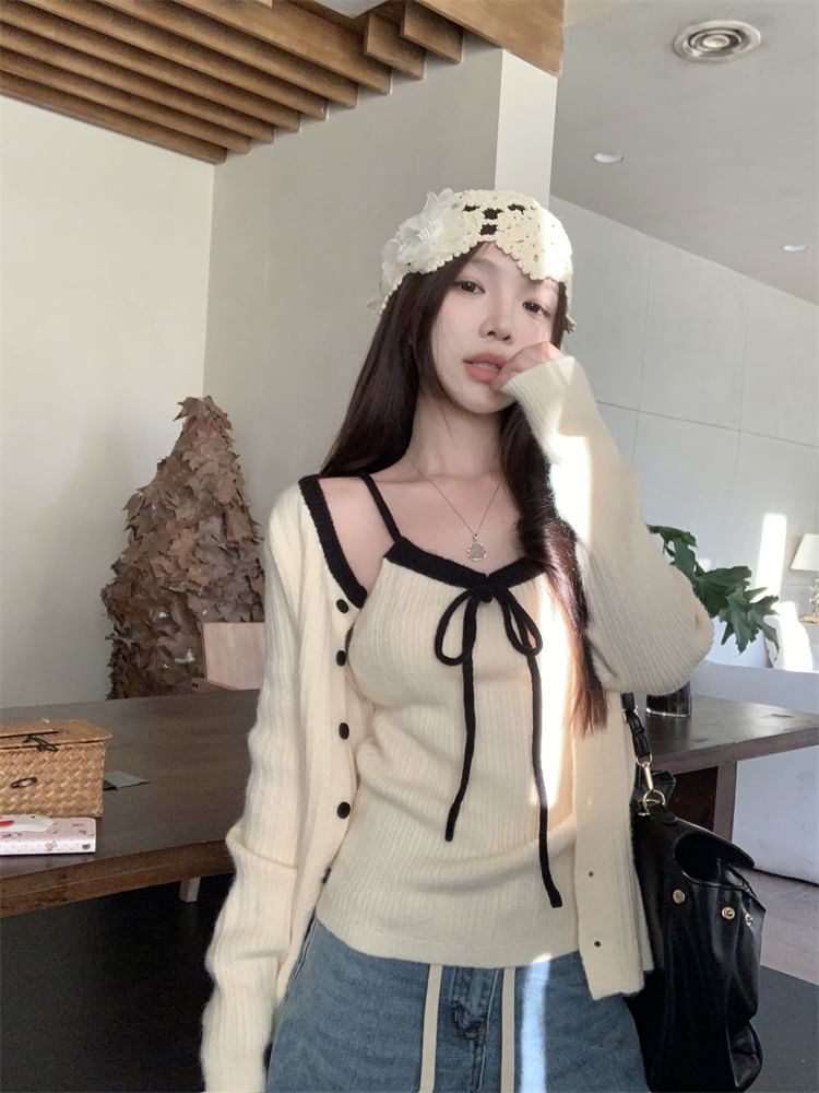 Scoop Neck Contrast Trim Ribbed Knit Camisole Top / Button Up Cardigan