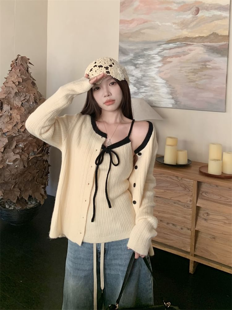 Scoop Neck Contrast Trim Ribbed Knit Camisole Top / Button Up Cardigan