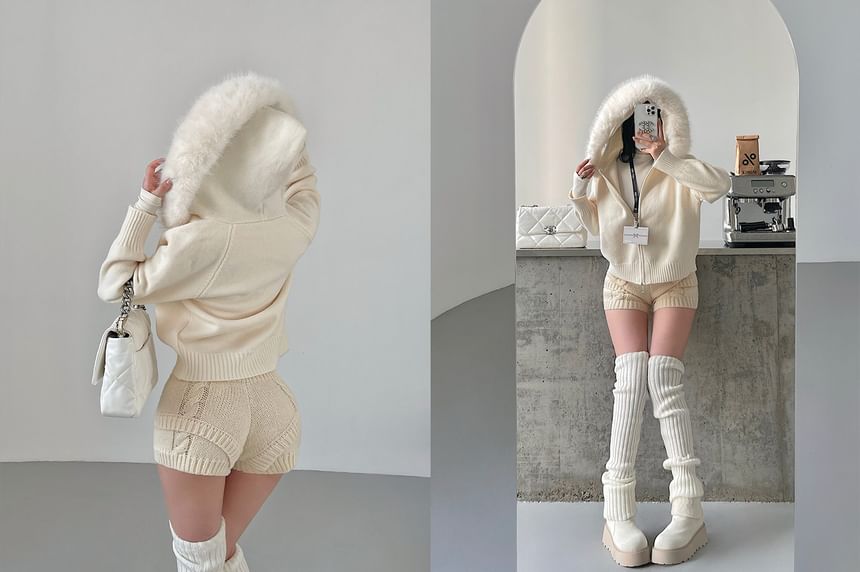 Faux Fur Zip-Up Plain Cardigan