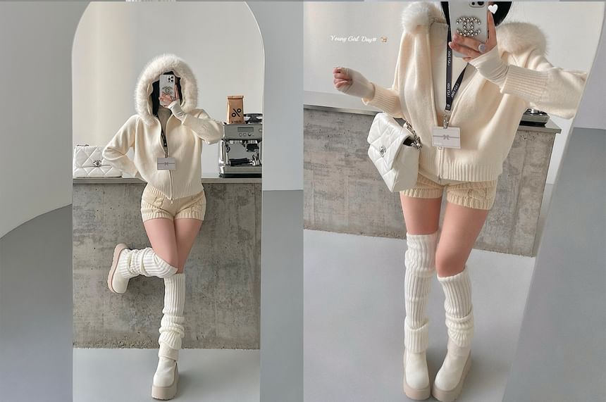 Faux Fur Zip-Up Plain Cardigan