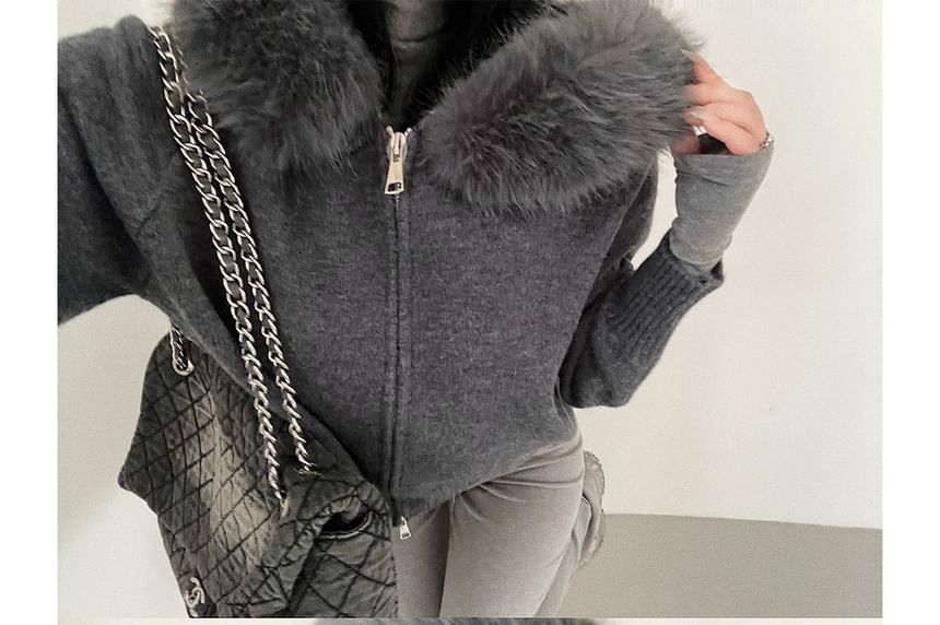 Faux Fur Zip-Up Plain Cardigan